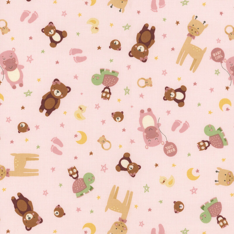 a fabric pattern of different animals celebrating a baby girl on a light pink background