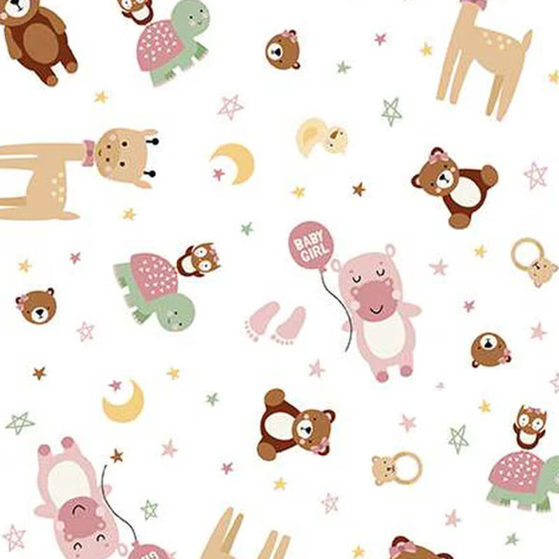 a fabric pattern of different animals celebrating a baby girl on a white background