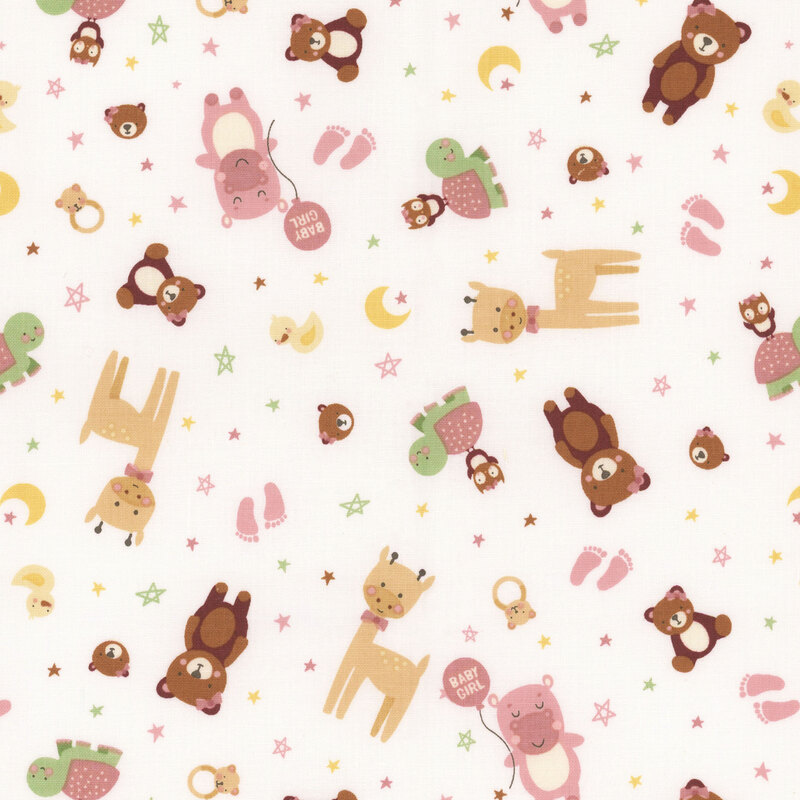 a fabric pattern of different animals celebrating a baby girl on a white background