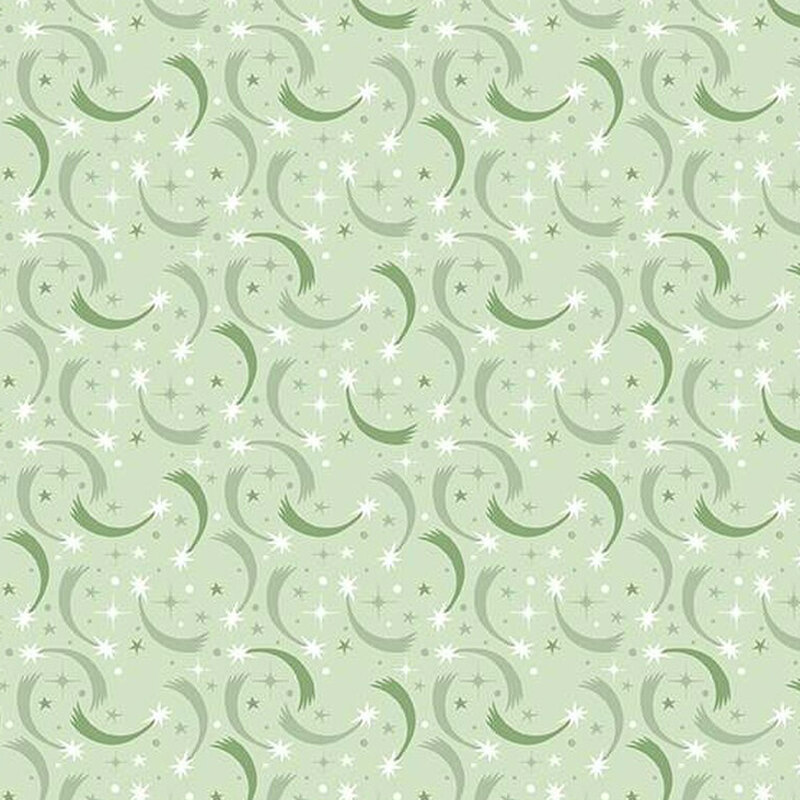 fabric pattern of curled motifs with colors of dark and sage green with white stars scattered on a light green background