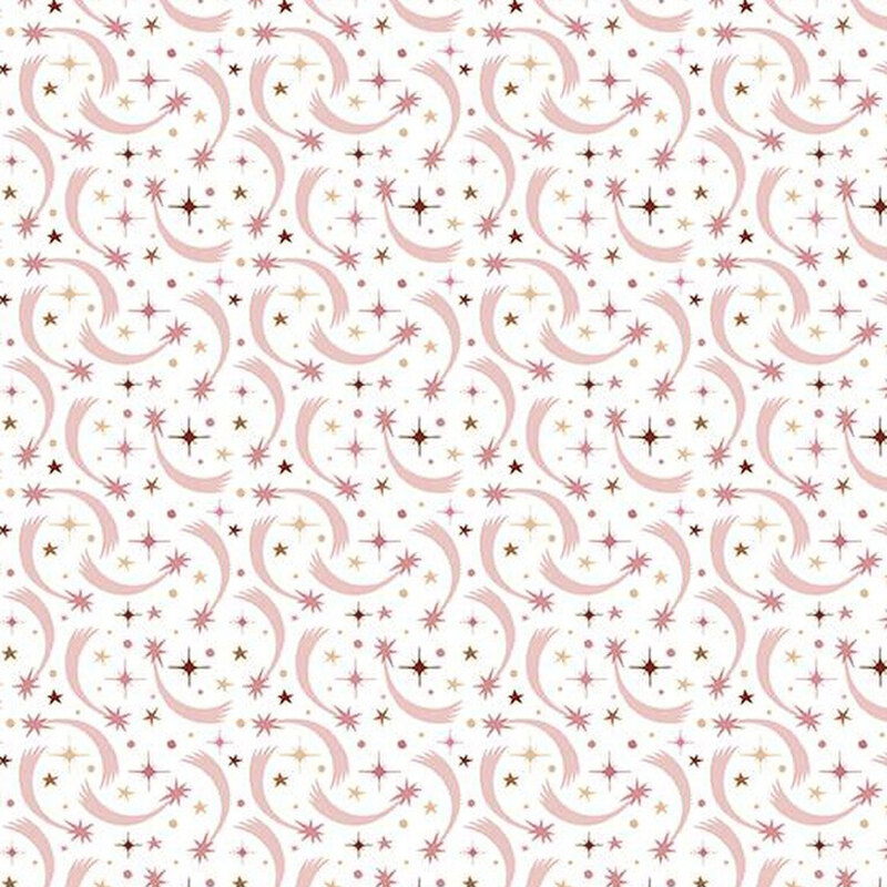 fabric pattern of curled motifs with colors of light pink with burgundy and gold stars scattered on a white background