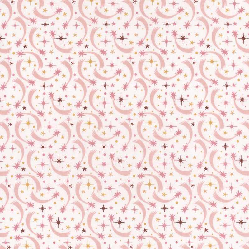 fabric pattern of curled motifs with colors of light pink with burgundy and gold stars scattered on a white background