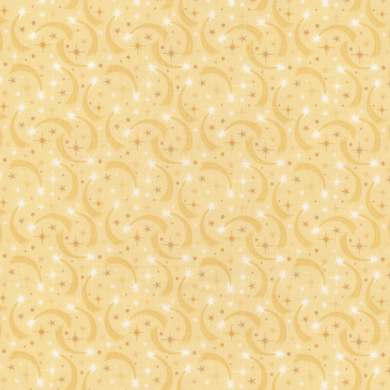 fabric pattern of curled motifs with colors of pale orange with white stars scattered on a light orange background