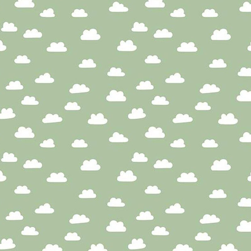 fabric pattern of white clouds scattered over a dimmed green background