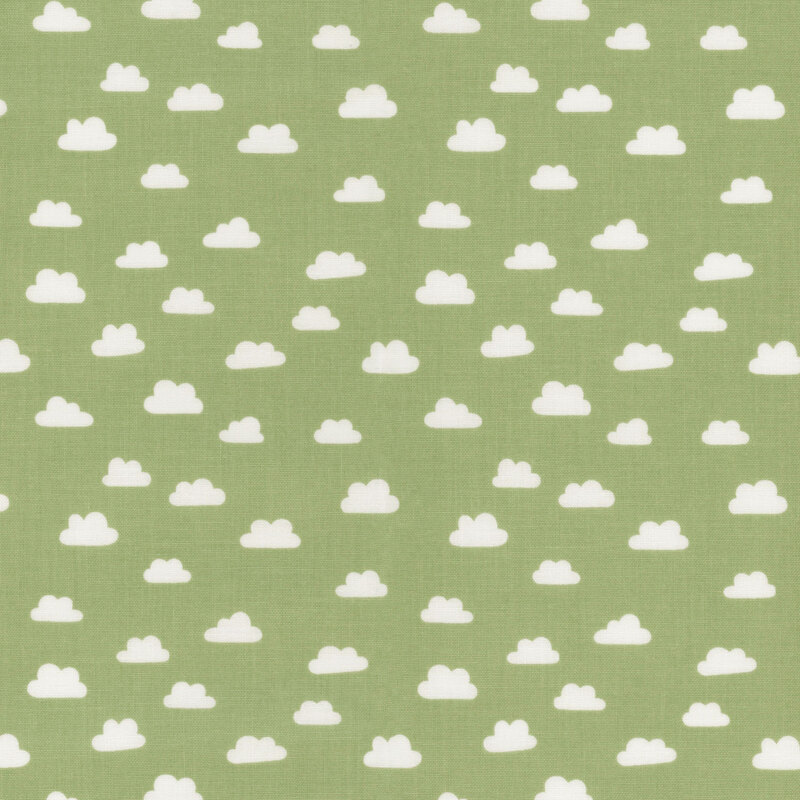 fabric pattern of white clouds scattered over a dimmed green background