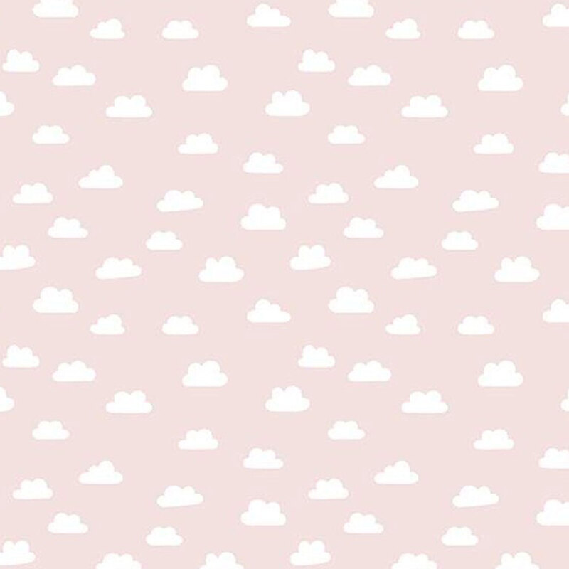 fabric pattern of white clouds scattered over a light pink background