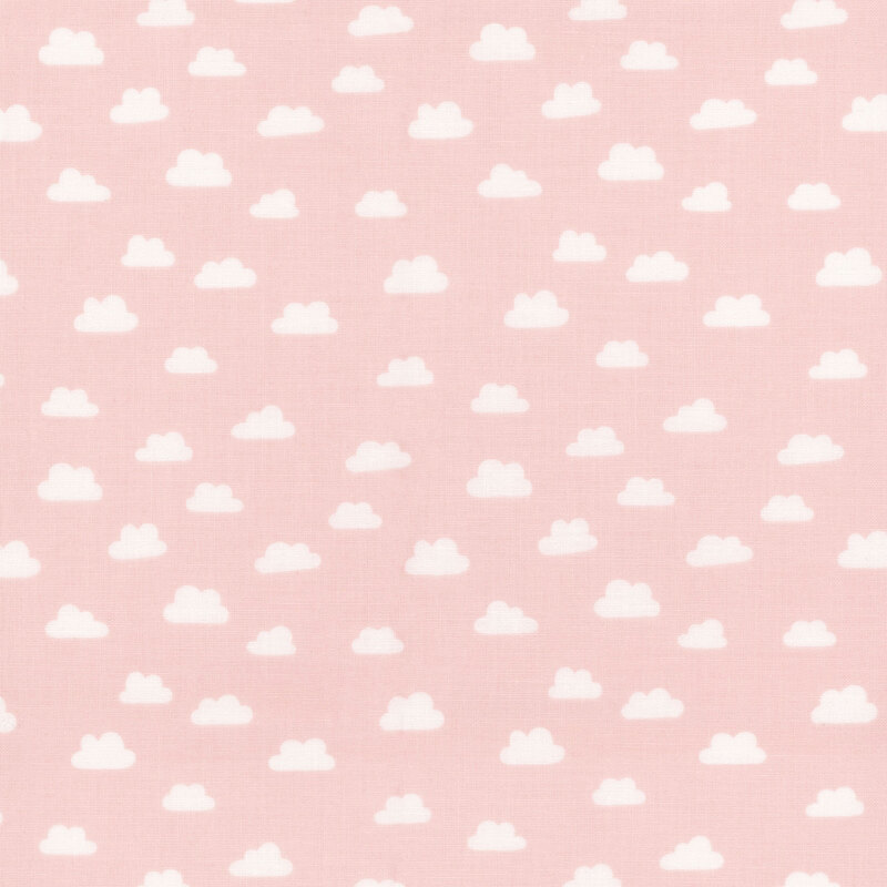 fabric pattern of white clouds scattered over a light pink background