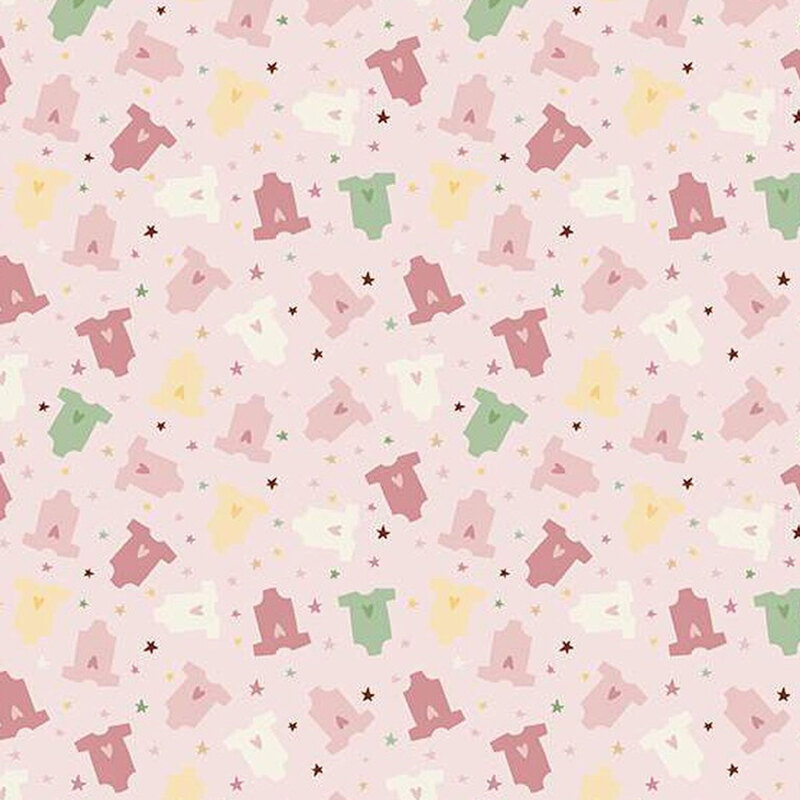 a fabric pattern of baby girl clothes in colors of pink, yellow, white, and green over a light pink background