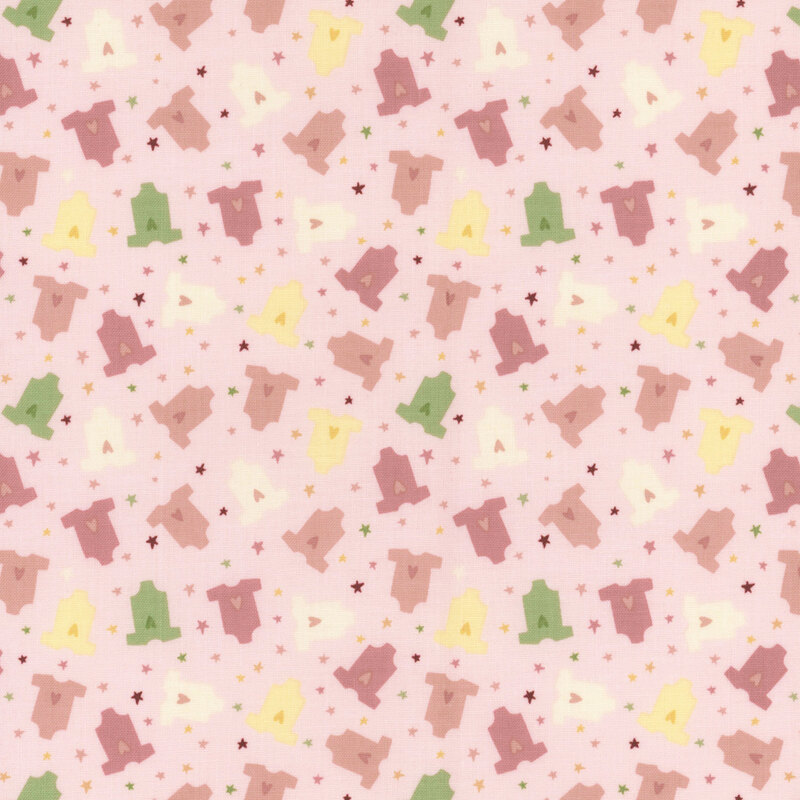 a fabric pattern of baby girl clothes in colors of pink, yellow, white, and green over a light pink background