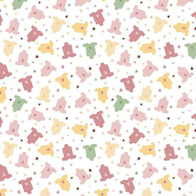 a fabric pattern of baby girl clothes in colors of pink, yellow, white, and green over a white background