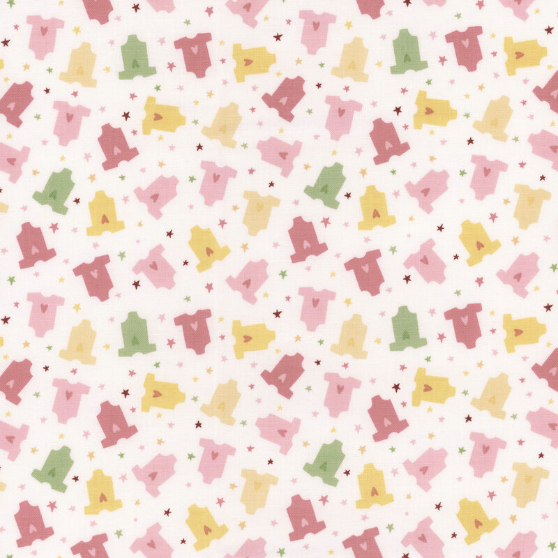 a fabric pattern of baby girl clothes in colors of pink, yellow, white, and green over a white background