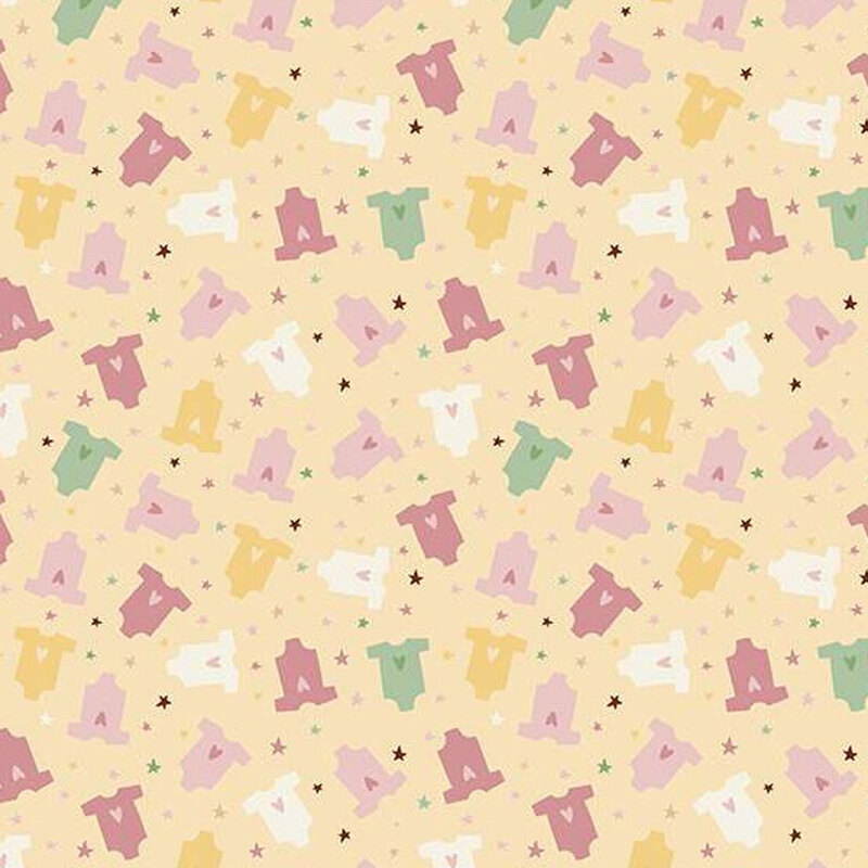 a fabric pattern of baby girl clothes in colors of pink, yellow, white, and green over a yellow background