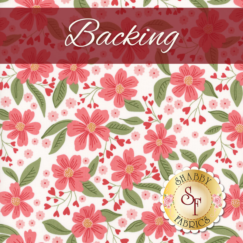 A white fabric swatch with tossed bright pink flowers, red hearts, and green leaves. A dark red banner at the top reads 