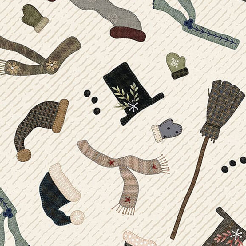 a fabric pattern of mixed winter accessories laid over a cream background