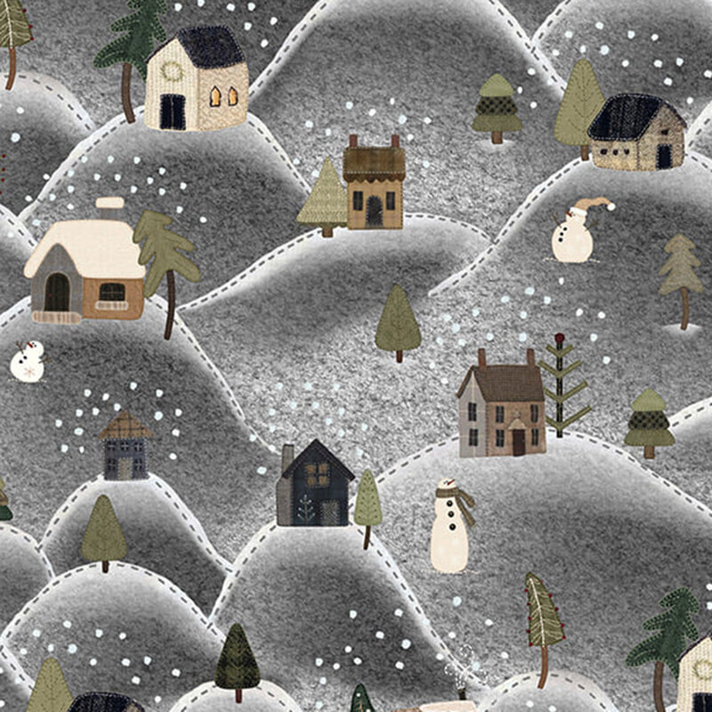 fabric pattern with houses on a big snow hill 