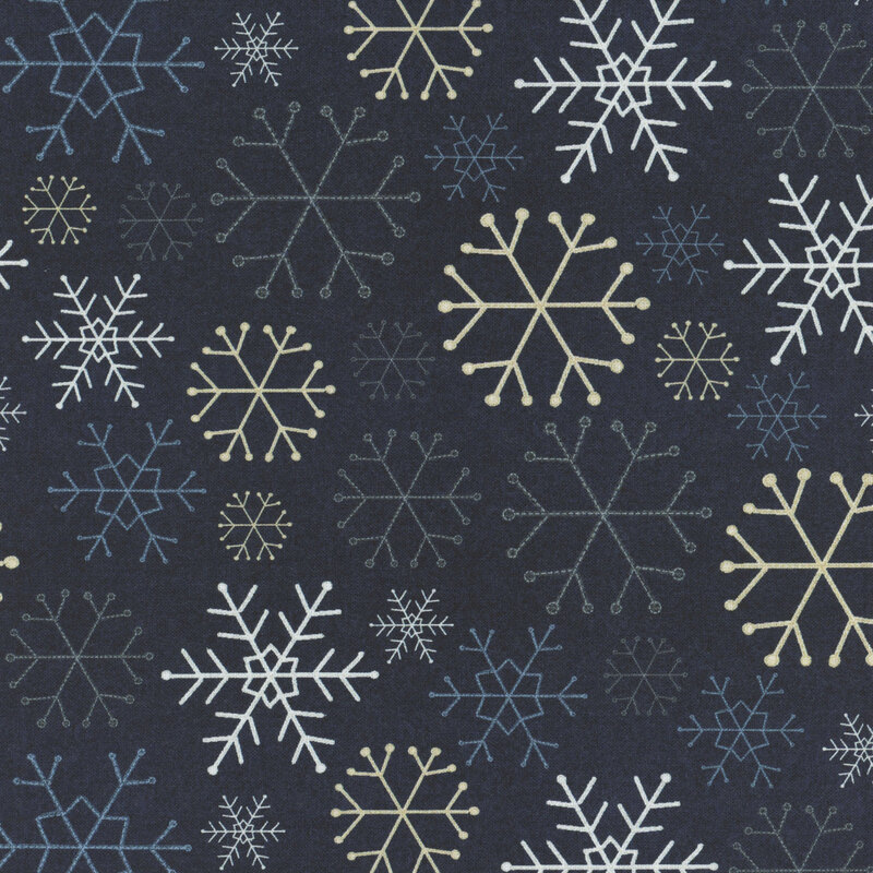 A dark background featuring variously sized and styled snowflakes in white and light blue.