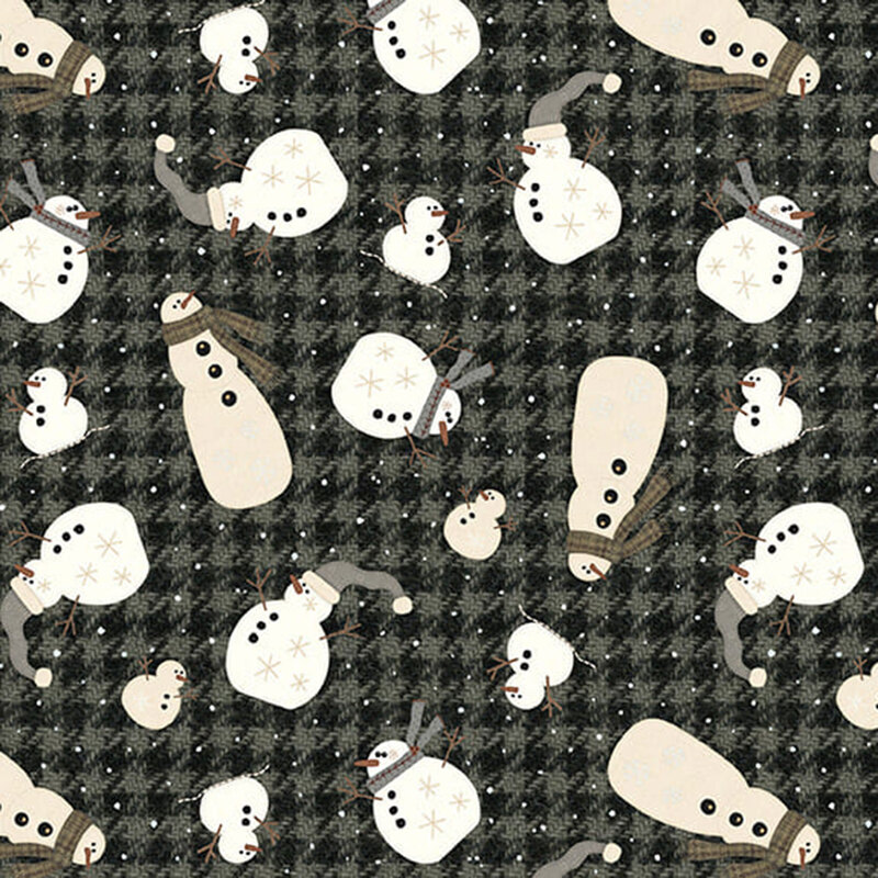 a fabric pattern of snowmen over a gray and black houndstooth background 