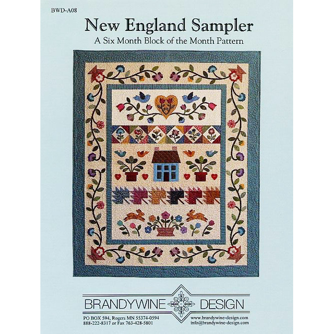 Cover image for New England Sampler quilt pattern featuring floral designs and a central house motif.