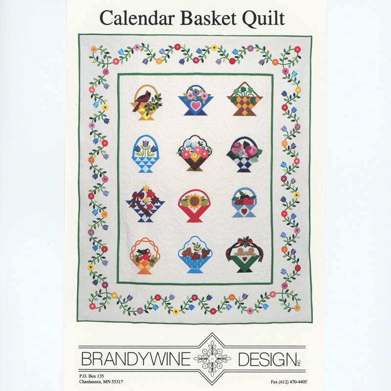 Cover of Calendar Basket Quilt pattern featuring monthly basket designs with floral borders.