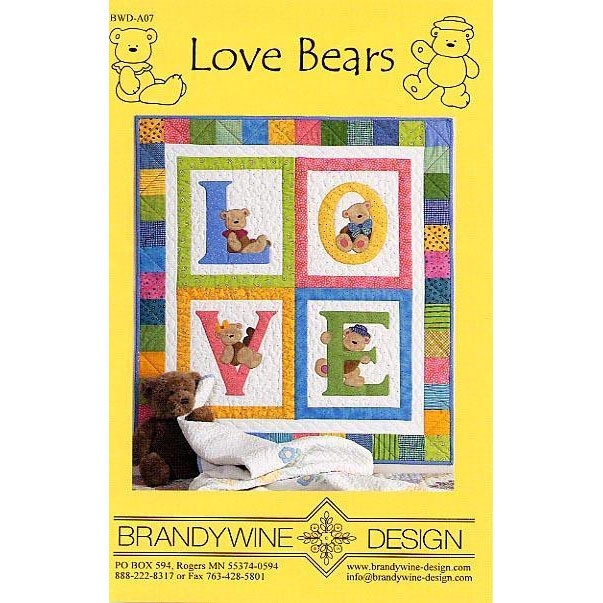 Cover image for Love Bears quilt pattern featuring colorful blocks with teddy bears and the word LOVE.