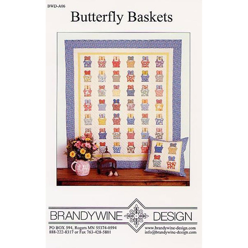 A quilt pattern titled Butterfly Baskets with colorful basket motifs and a floral arrangement.