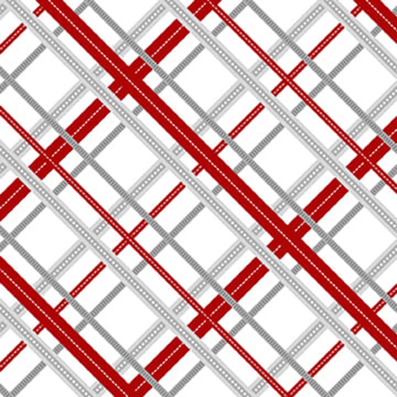 White fabric with a red and gray diagonal plaid design.