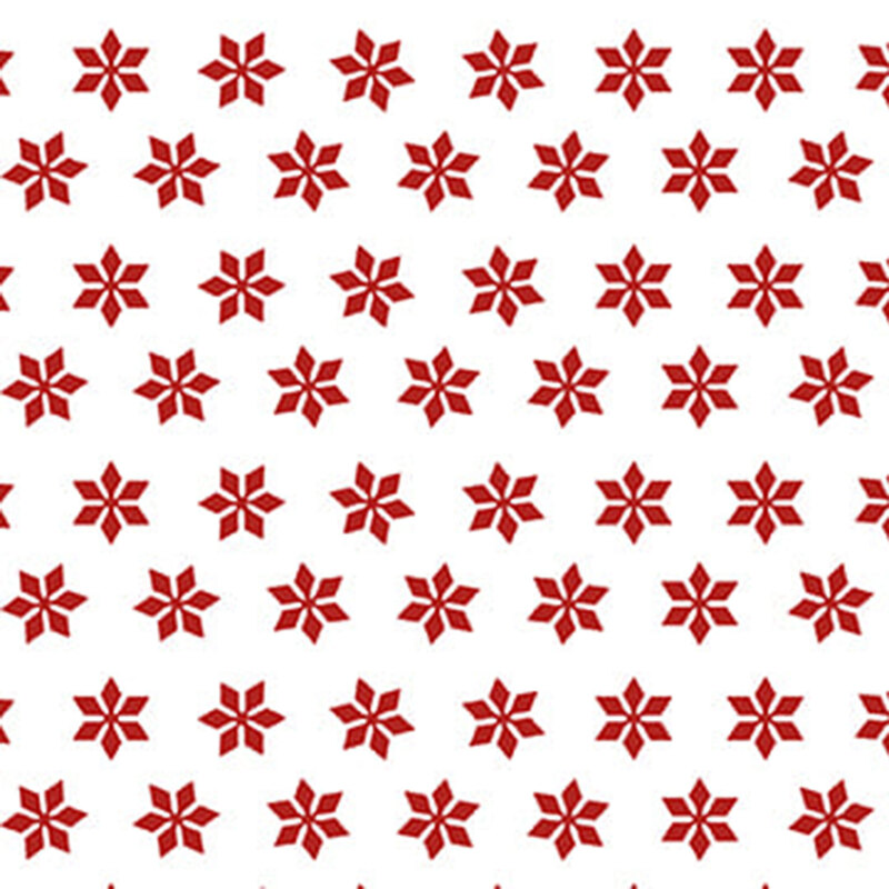 White fabric with rows of simplified and pointed red snowflakes.