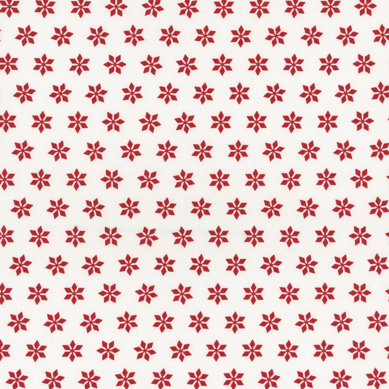 White fabric with rows of simplified and pointed red snowflakes.