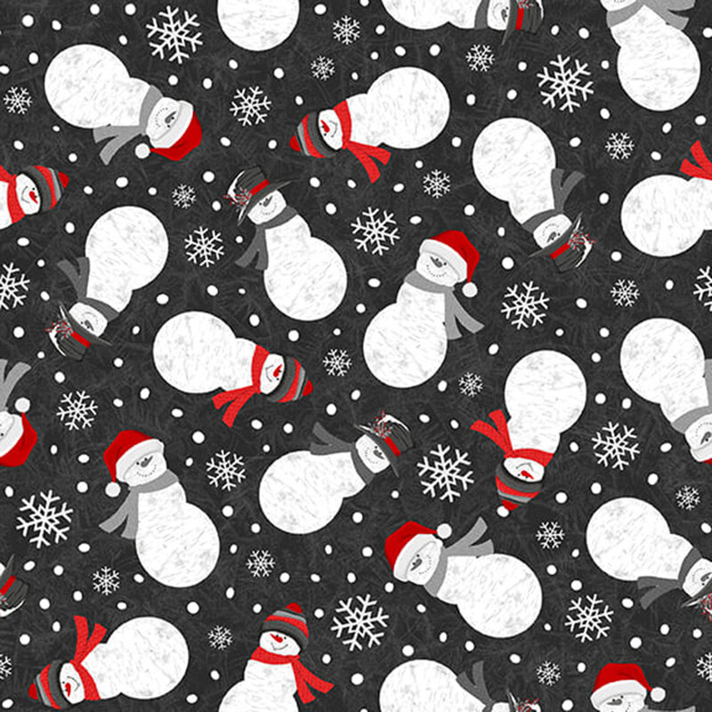 Black fabric with tossed snowflakes and snowmen dressed in winter wear on a tonal frost background.