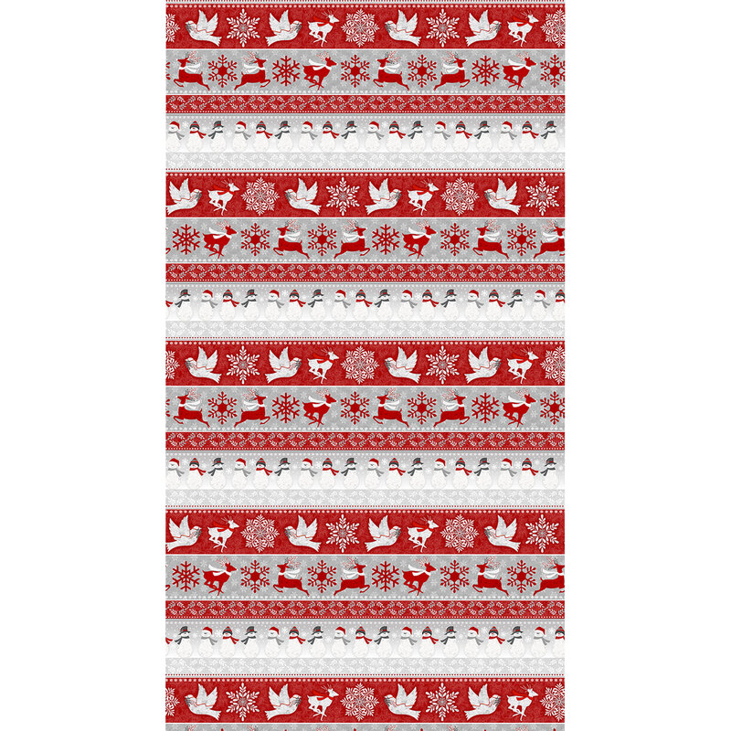 A digital image of red, white, and gray border stripe fabric rows of doves, snowmen, deer, and snowflakes.