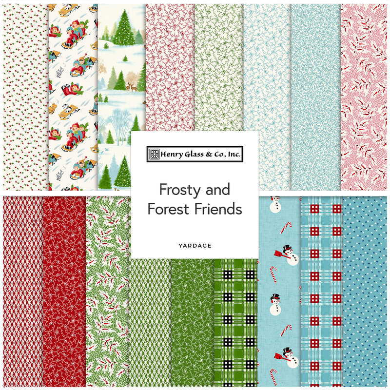 A collection of decorative fabric patterns featuring festive designs, trees, snowmen, and candy canes.