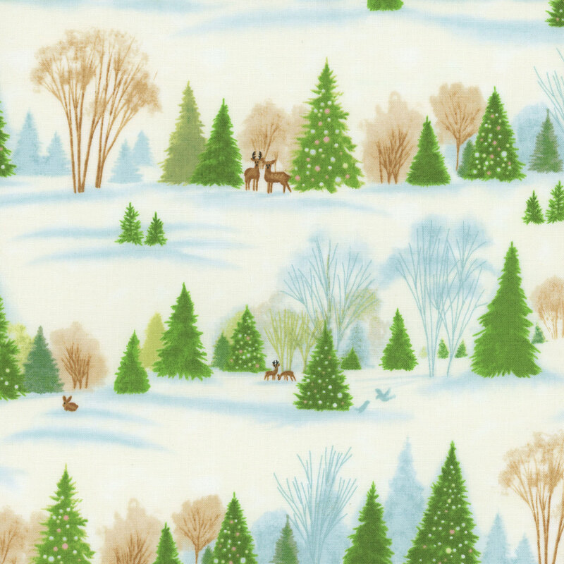 A snowy fabric with a variety of trees, deer, and a serene winter atmosphere.
