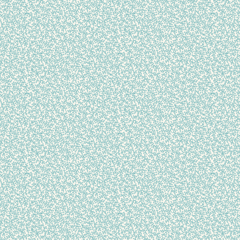 White fabric with a dense light blue vine pattern