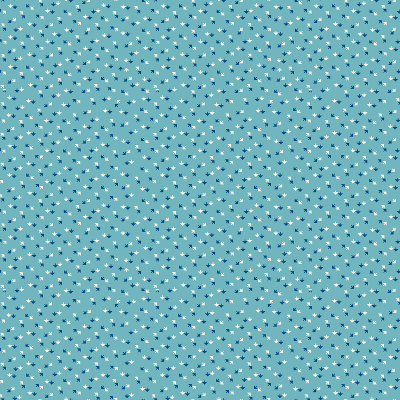 A teal fabric featuring a small, scattered pattern of light blue and dark blue arrows.