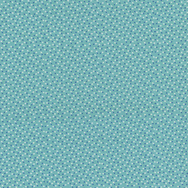 A teal fabric featuring a small, scattered pattern of light blue and dark blue arrows.