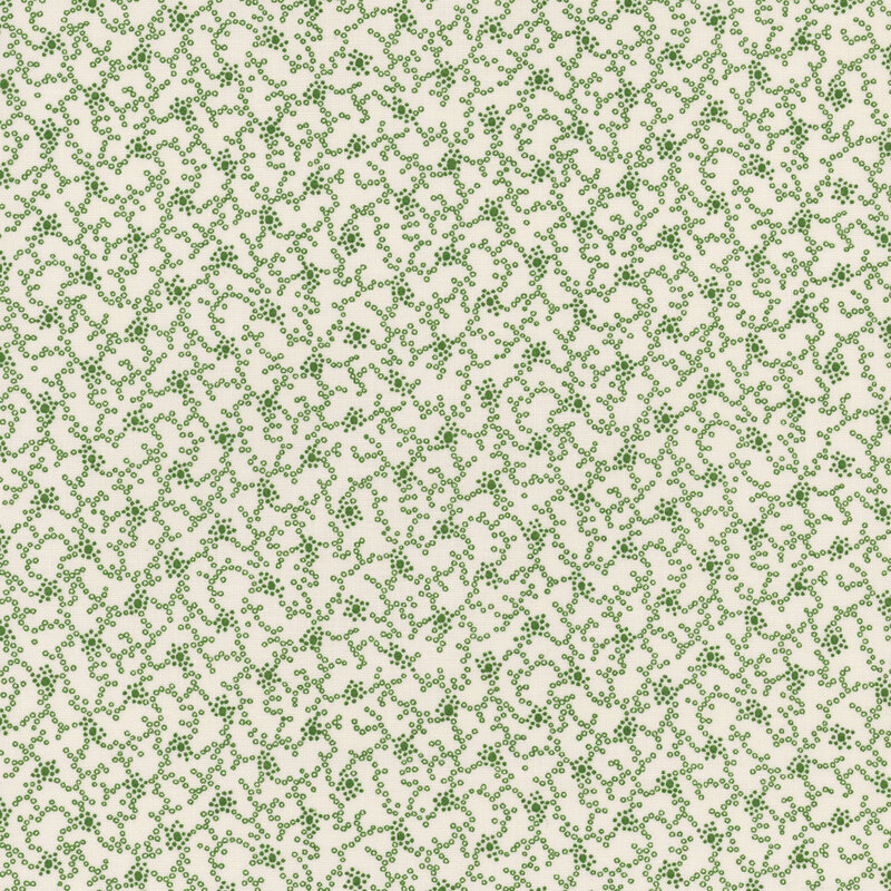 Seamless fabric of abstract green vines on a white background.