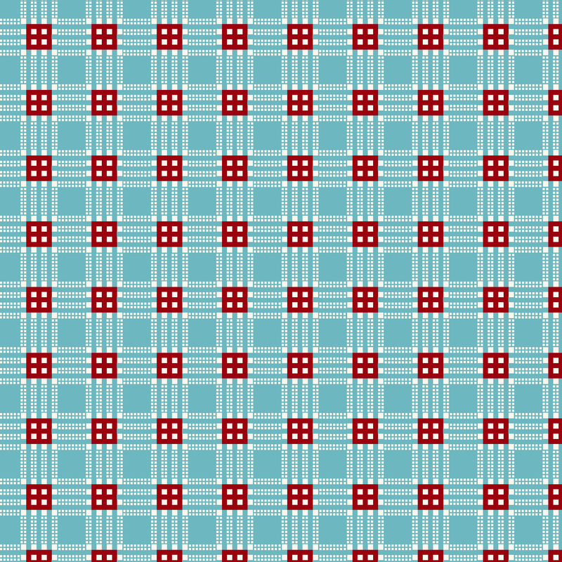 A repetitive geometric fabric featuring red squares on a light blue plaid background.