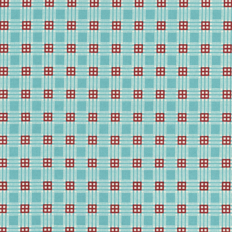 A repetitive geometric fabric featuring red squares on a light blue plaid background.