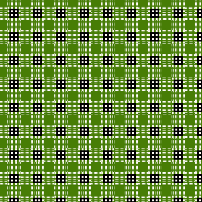 Green plaid fabric featuring black lines and white dots arranged in a grid format.