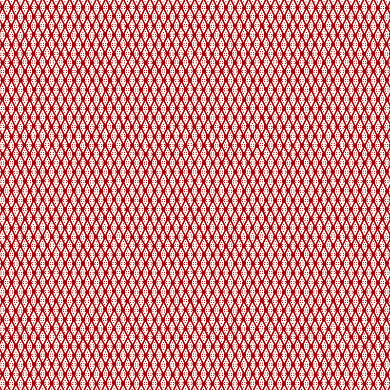 Red patterned fabric featuring a diamond grid design with a white background and red lines.