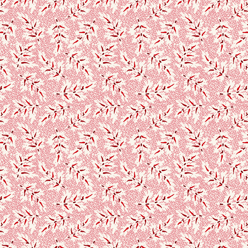 Pattern featuring red leaves on a light pink fabric.