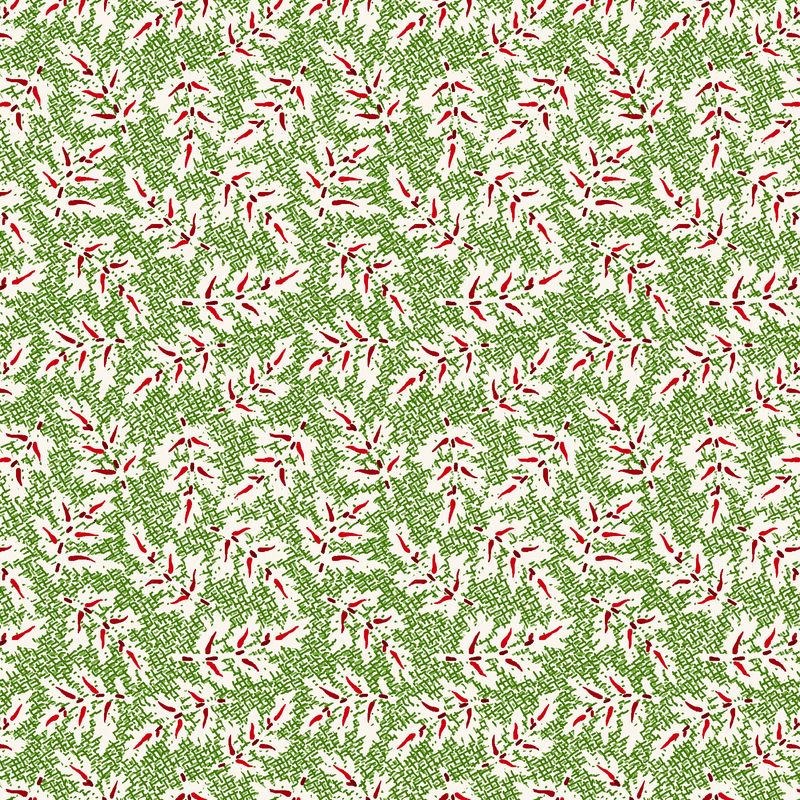 Repeating pattern of red and white leaves on a textured green fabric.