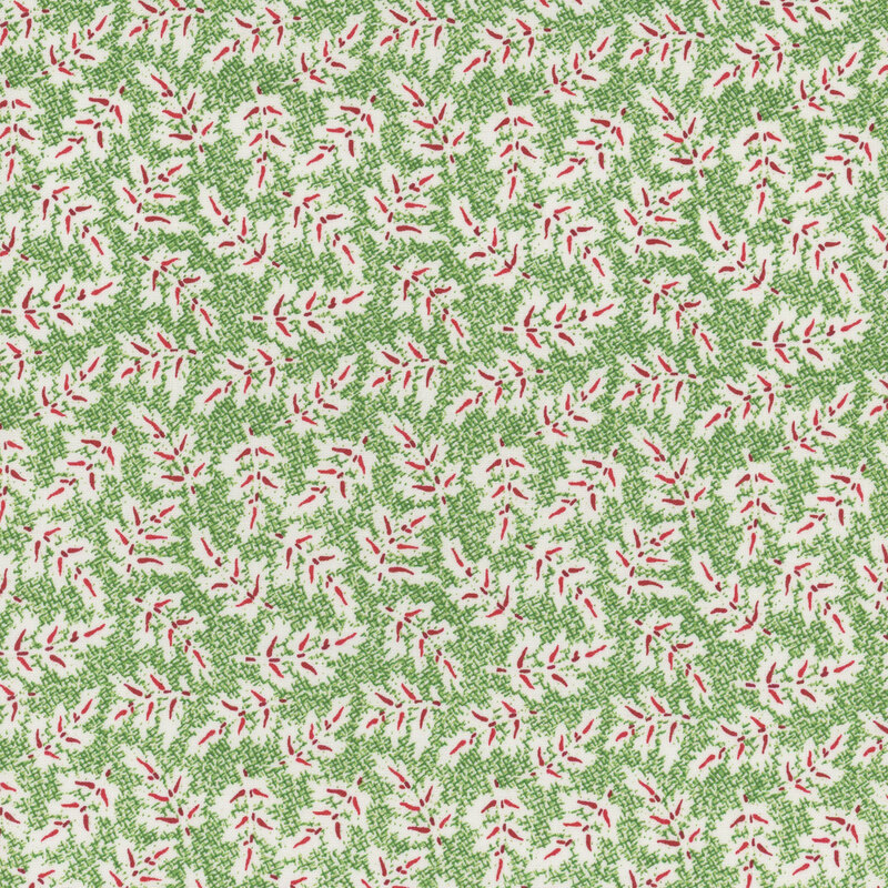 Repeating pattern of red and white leaves on a textured green fabric.