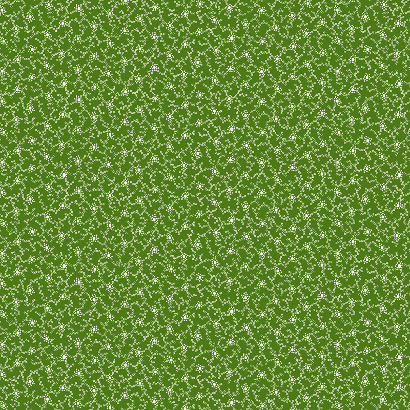 An abstract green textured fabric with a repetitive white floral pattern.