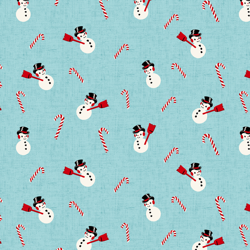 Fabric pattern featuring snowmen in top hats and red scarves, interspersed with candy canes on a blue background.