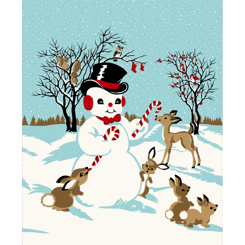 Fabric featuring a snowman with a black hat and red bowtie holding a candy cane, surrounded by deer and rabbits in a snowy landscape.