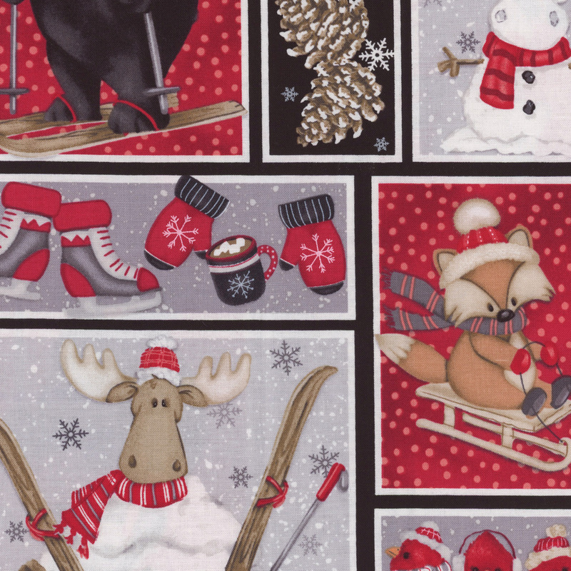 A multicolor fabric with blocks of woodland animals in various winter activities.