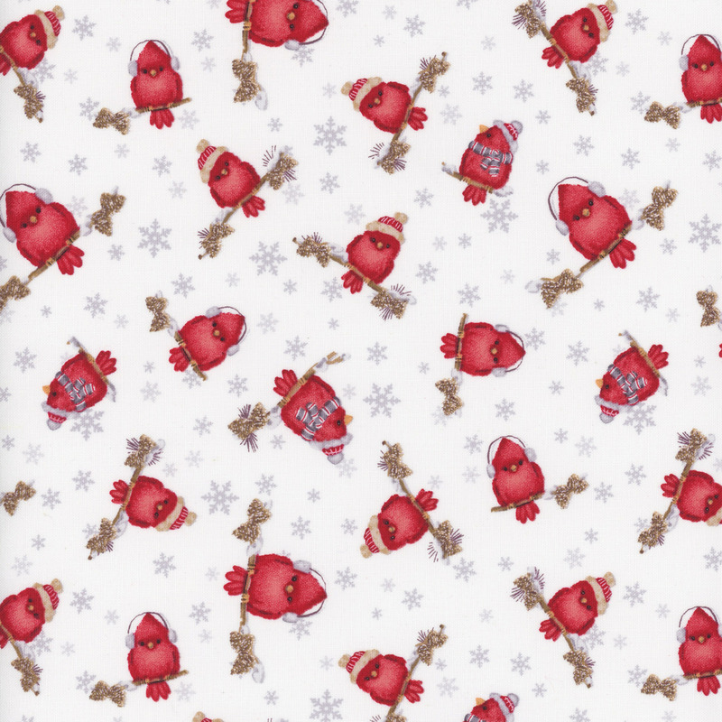 White fabric with ditsy cardinals perched on snowy branches on a snowflake-strewn background.