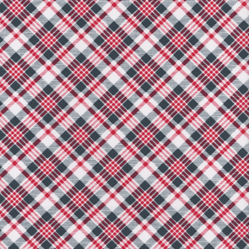 White, red, and black diagonal plaid fabric.