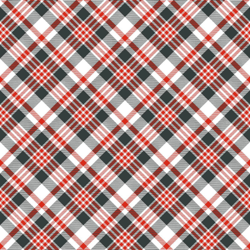 White, red, and black diagonal plaid fabric.